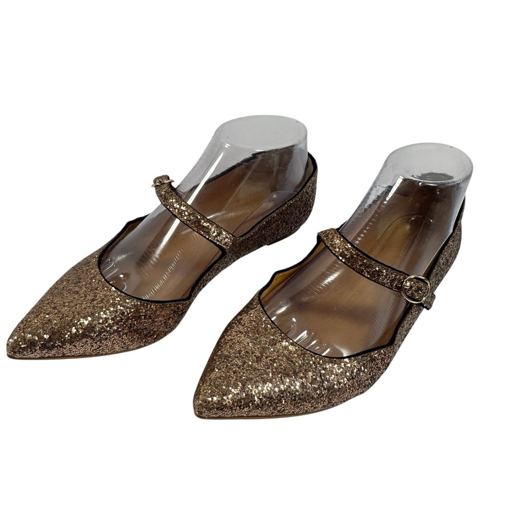 J.Crew Glitter Mary Jane Flats Womens 7 Gold Pointed‎ Toe Buckle Dress Shoes